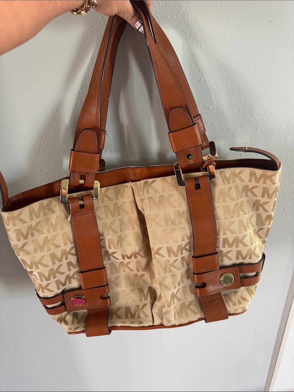 Michael Kors Beige Signature MK Canvas Tote with Brown Leather Trim